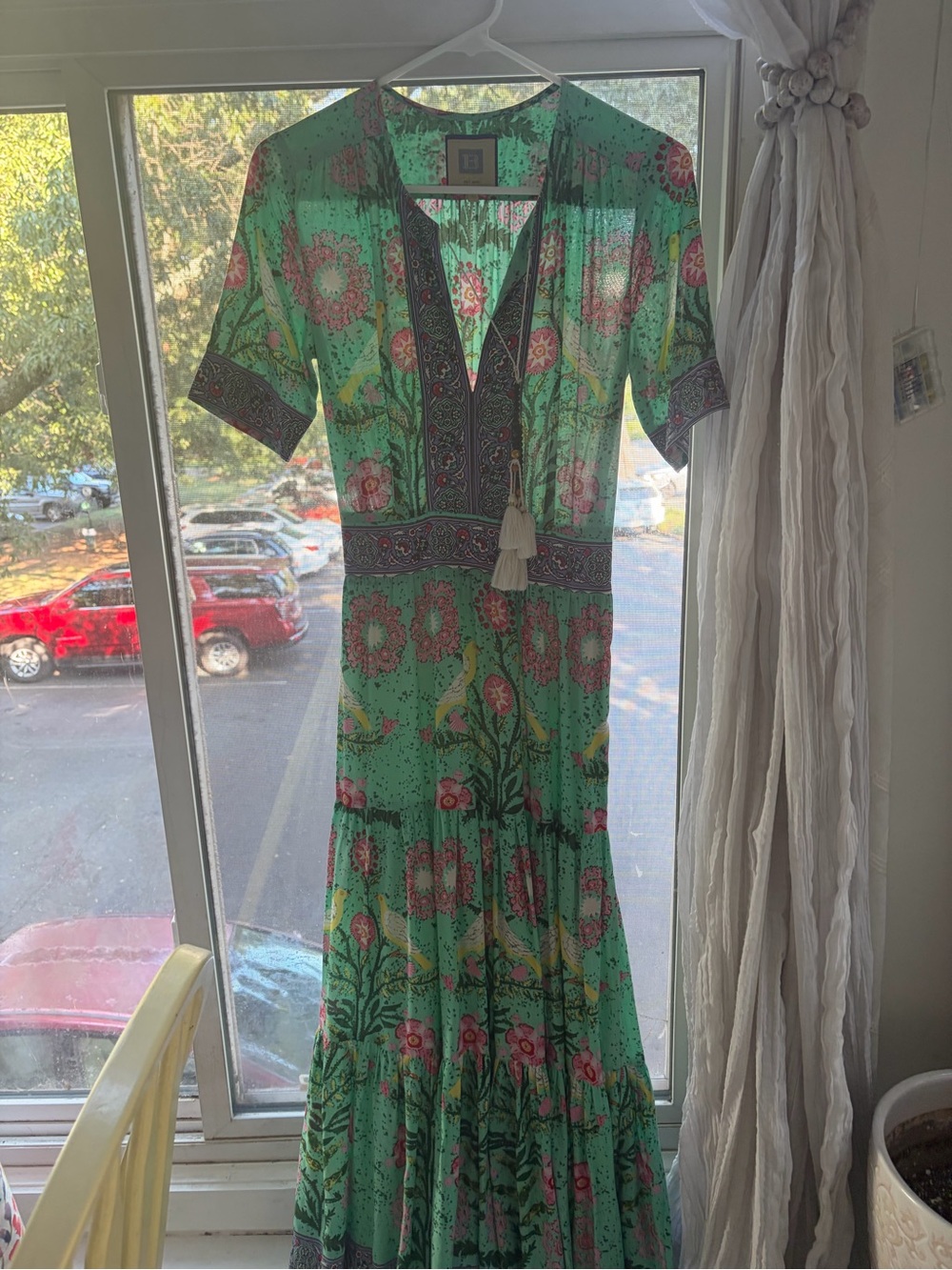 Floral Green V-Neck Maxi Dress with Tassel Detail
